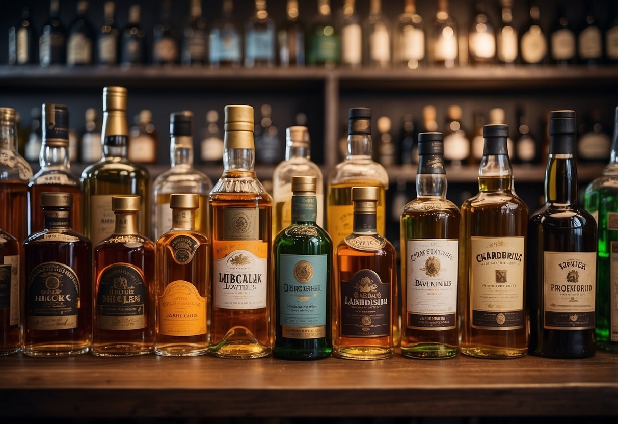 A colorful array of liquor bottles displayed on shelves, with a variety of international and local brands, accompanied by a selection of gourmet snacks and bar accessories