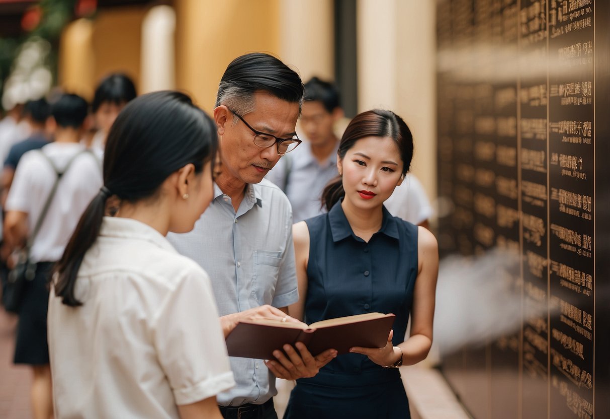 Visitors reading FAQ board at Fo Guang Shan Singapore