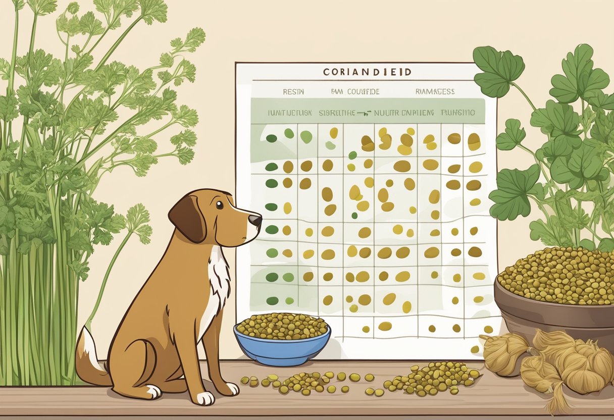 Coriander seeds arranged with a nutritional chart. A dog next to the seeds, looking at them curiously.