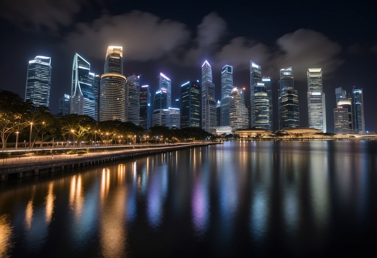 The Full Moon shines brightly over the Singapore skyline, casting a soft glow on the city's iconic landmarks and reflecting off the tranquil waters below