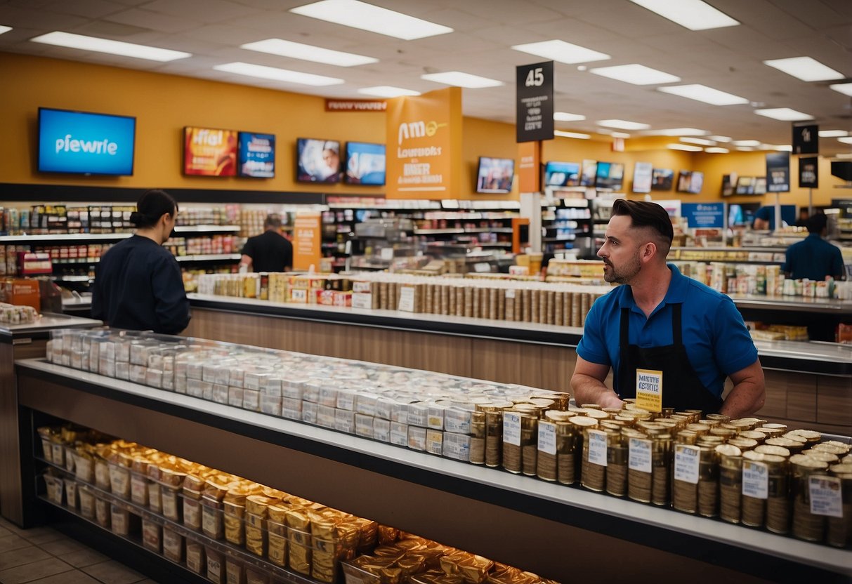 Customers browse aisles, selecting from a variety of products. Employees assist with inquiries and restock shelves. Checkout counters are busy with transactions
