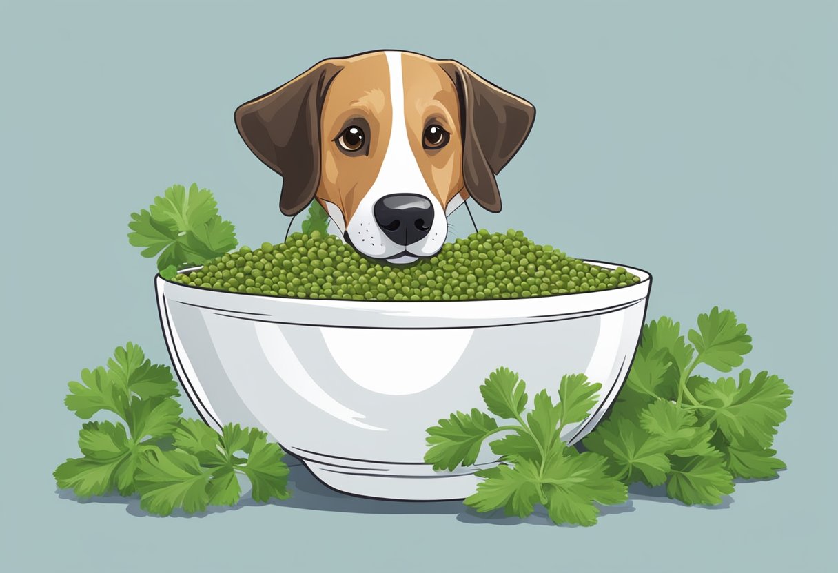 A happy dog eating coriander seeds with a wagging tail and a bowl of water nearby