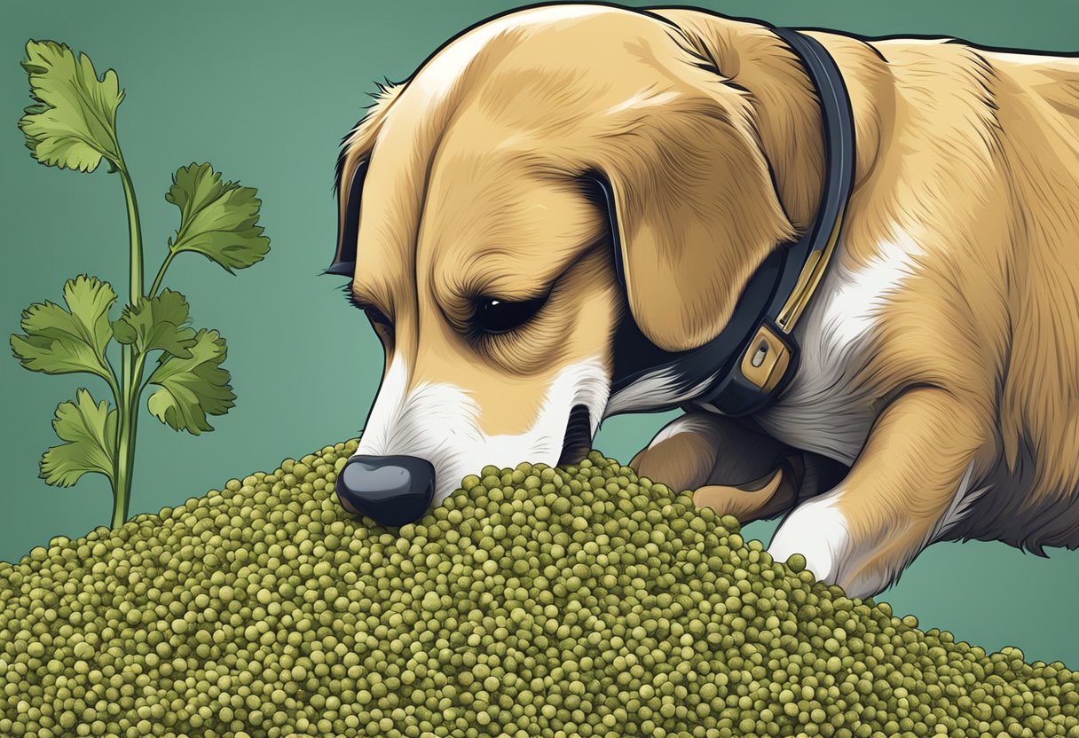 A dog sniffing a pile of coriander seeds with caution