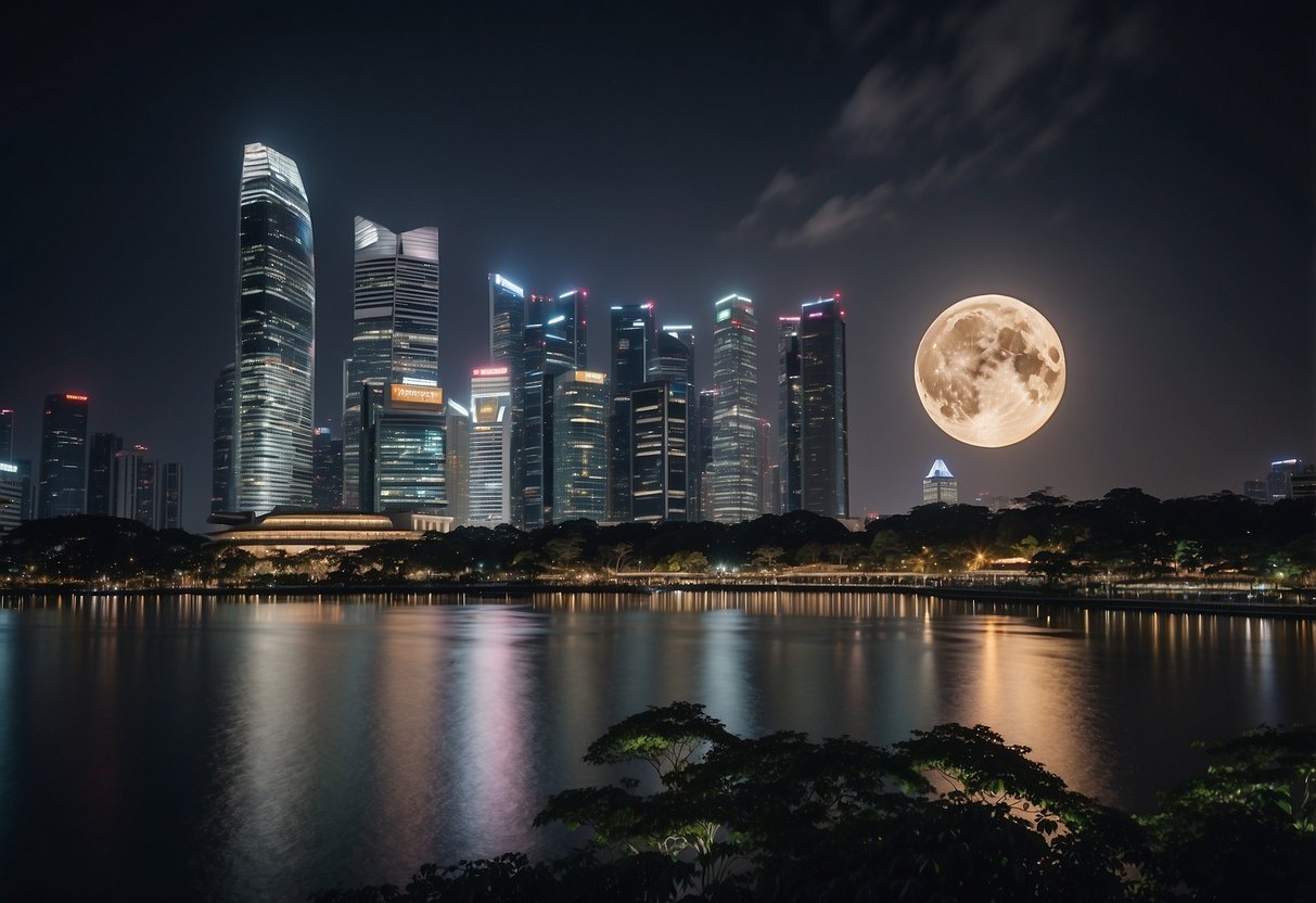 A bright full moon illuminates the night sky over the city of Singapore, casting a serene and enchanting glow over the urban landscape