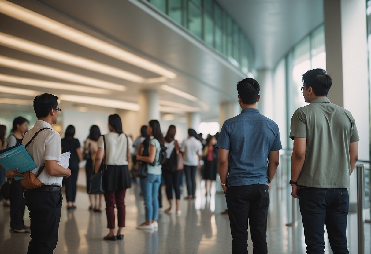 People lining up at a government office, holding documents and waiting for assistance. Signs with "Frequently Asked Questions" and "Financial Assistance Singapore" are displayed prominently