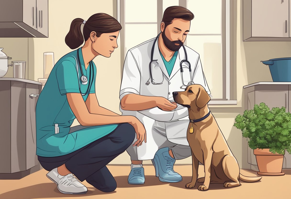 A dog sitting next to a bowl of coriander seeds, with a concerned owner looking at the dog and a veterinarian standing nearby