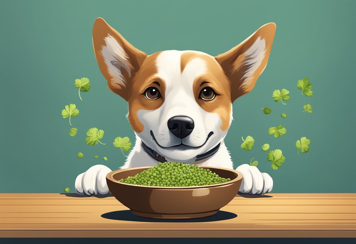 A dog eagerly eats a bowl of food with coriander seeds sprinkled on top. It looks content and healthy