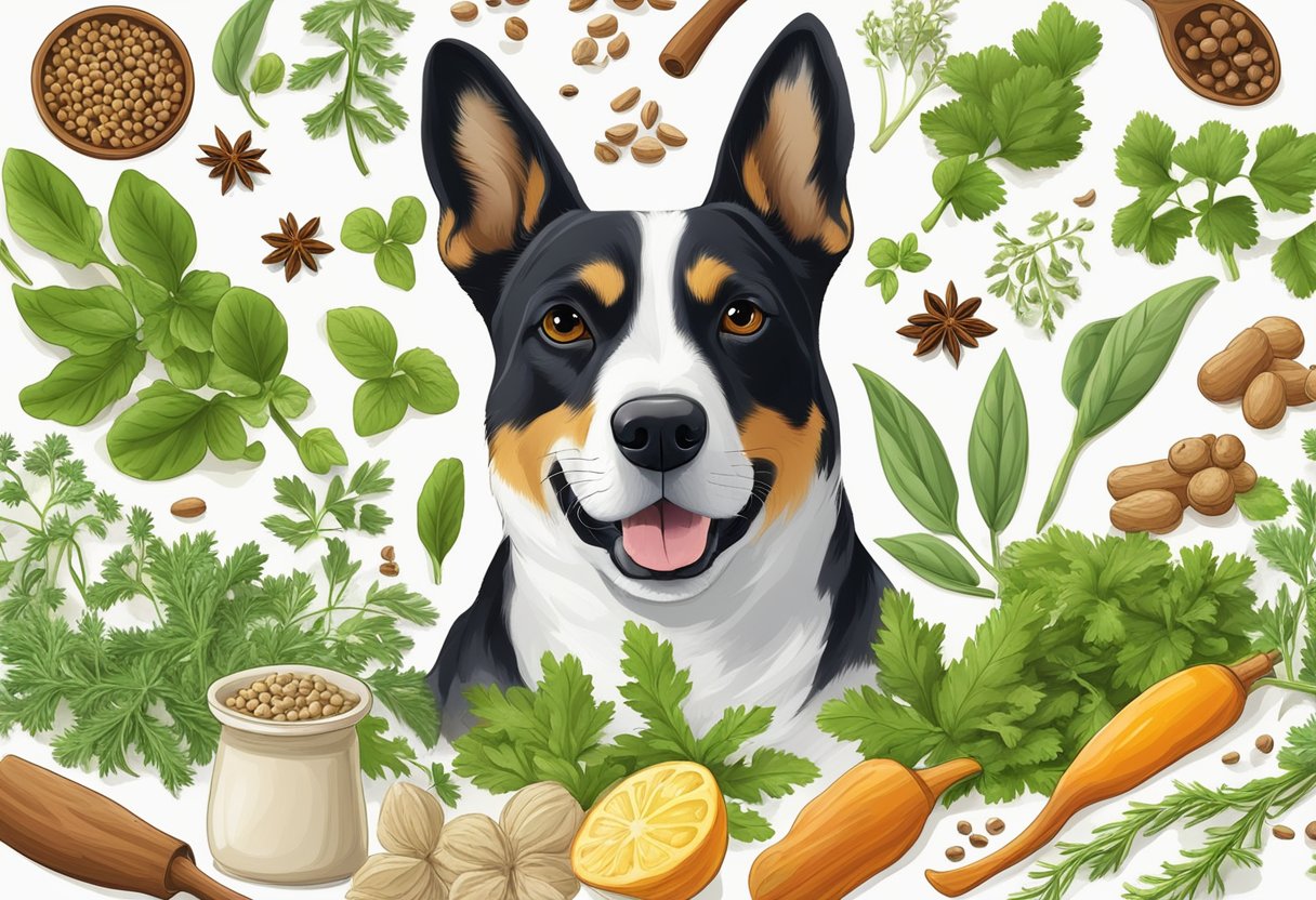 A dog surrounded by various herbs and spices, with a focus on coriander seeds