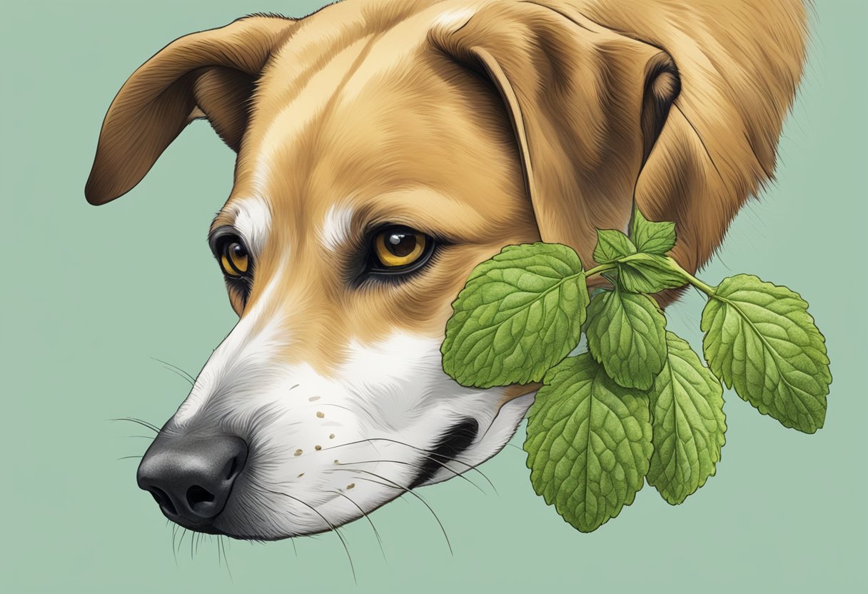 Dog sniffing lemon balm leaves, exploring its safety for consumption.