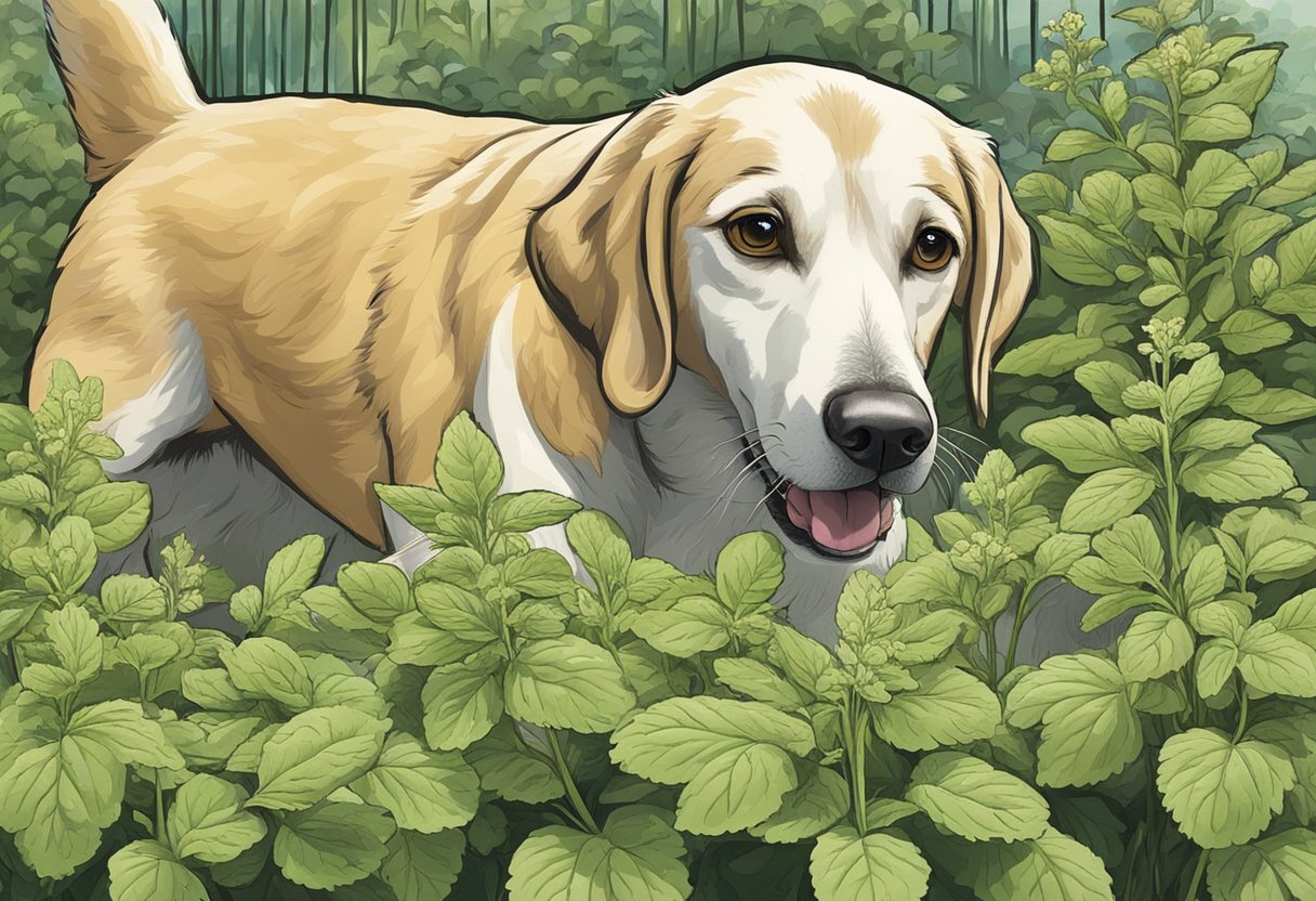 Dog in lemon balm garden, exploring the herb’s suitability for dogs.