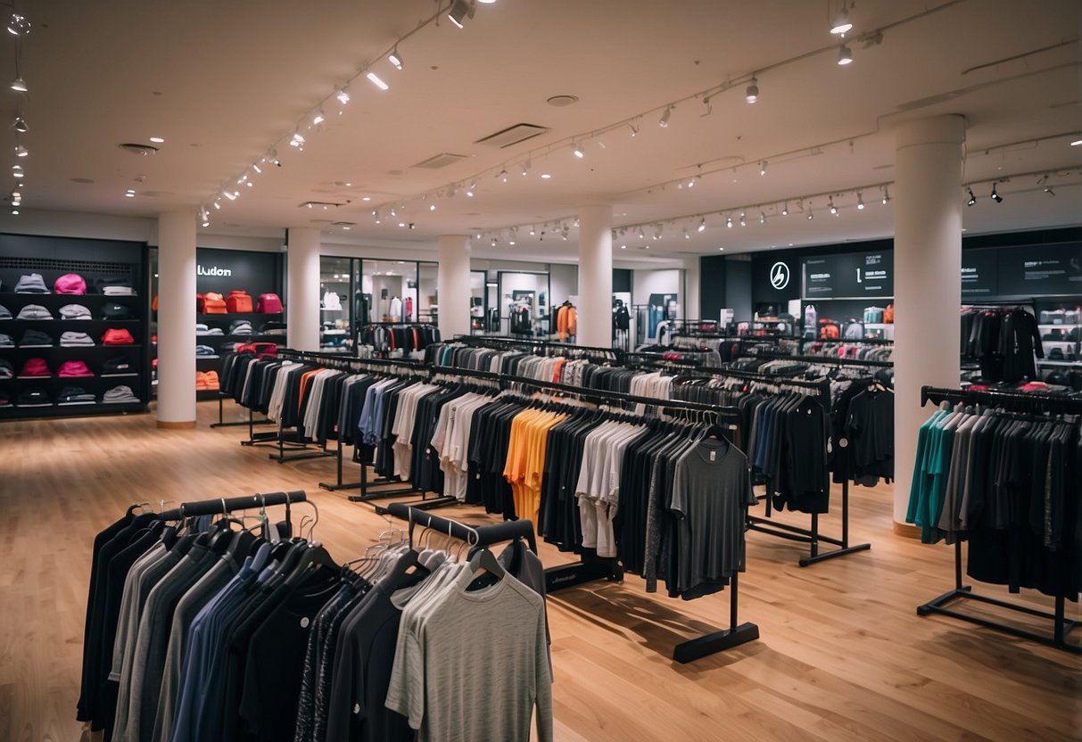 The Lululemon outlet in Singapore is bustling with shoppers browsing through racks of athletic wear. The store is brightly lit with sleek, modern displays showcasing the latest activewear collections