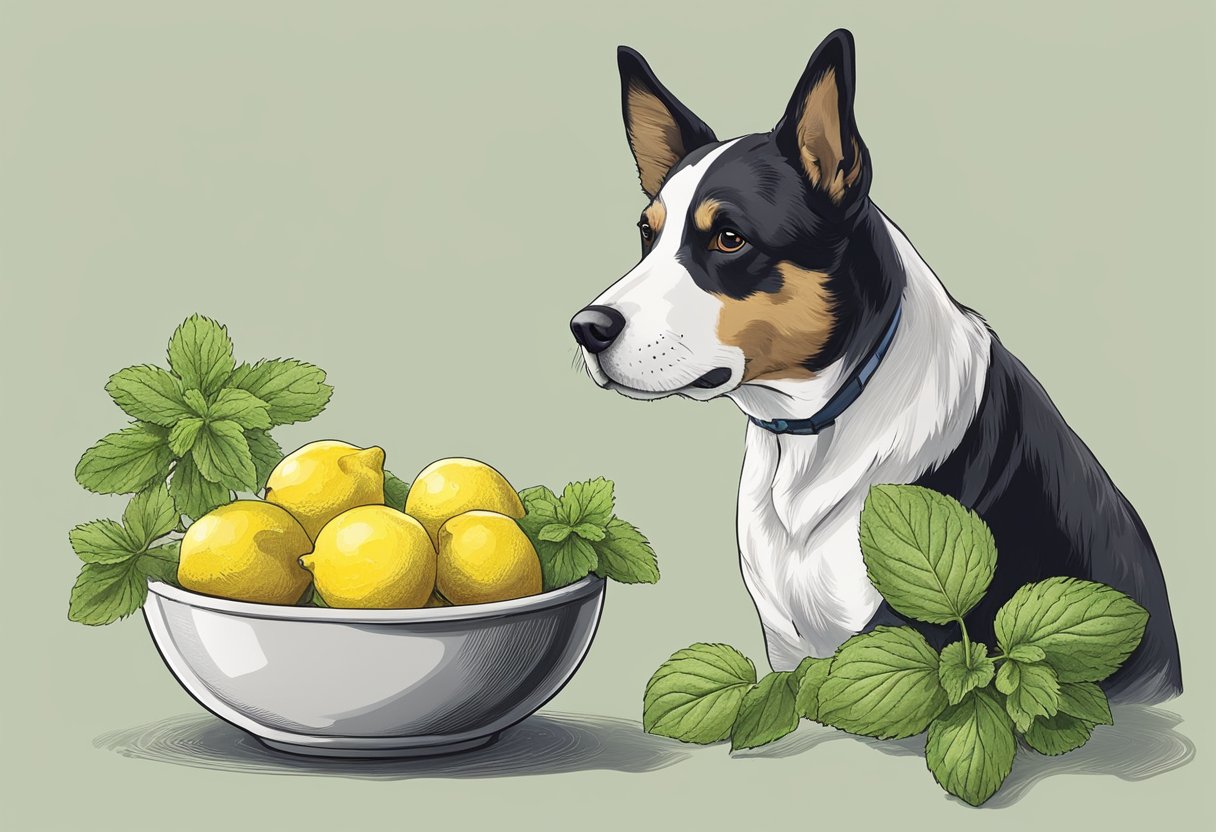 Dog with lemons and lemon balm, exploring if the herb is safe for dogs.