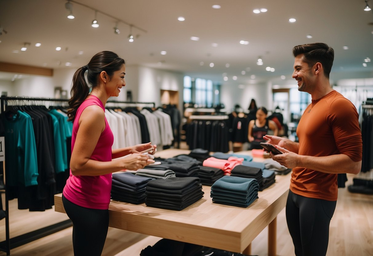 People browsing racks, trying on activewear, and chatting with staff at Lululemon Outlet Singapore