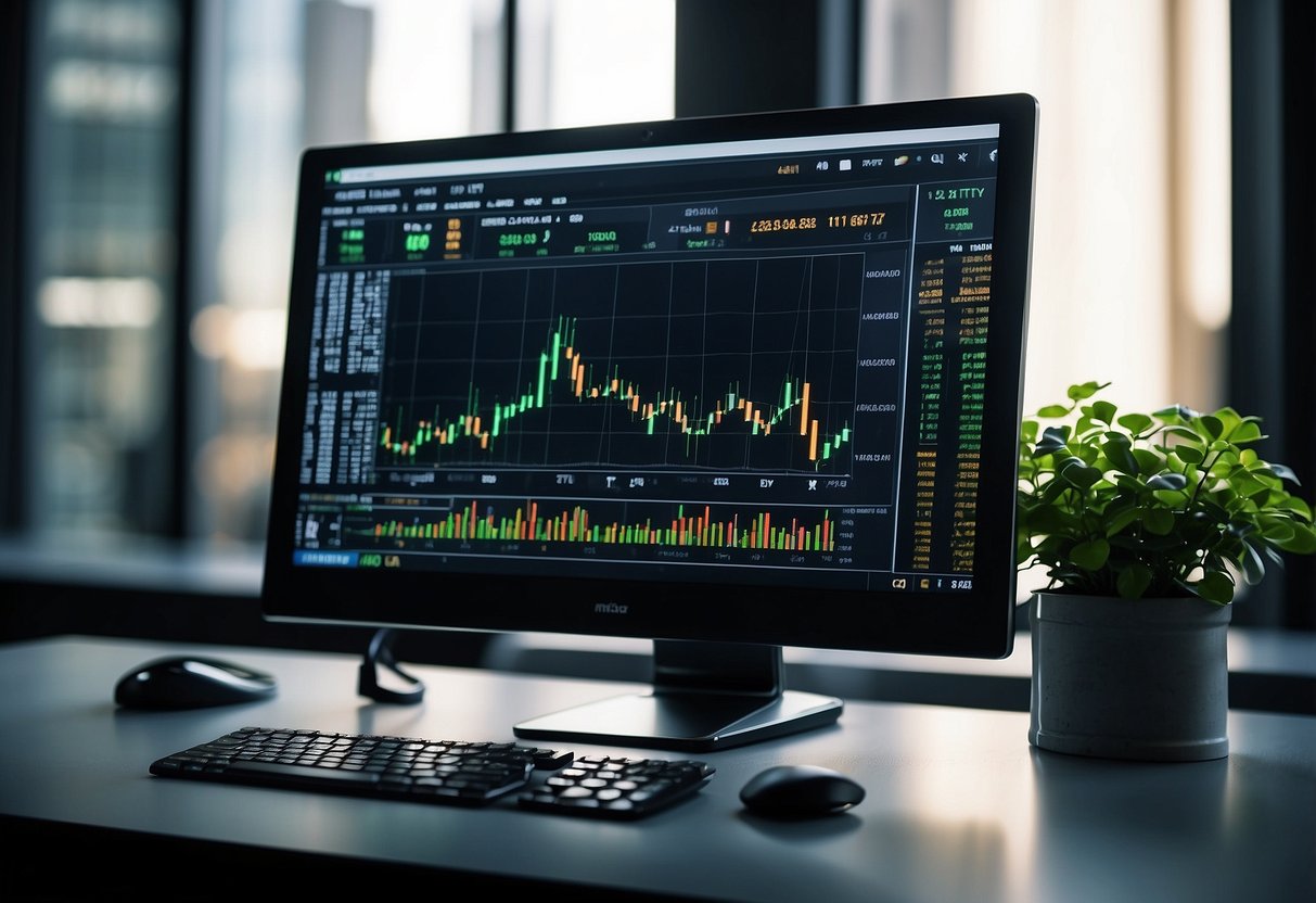 A computer screen displaying the Metatrader platform with financial charts and trading indicators