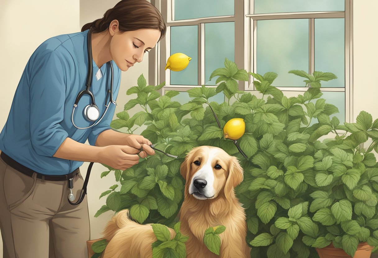 Veterinarian with dog and lemon balm, checking if it’s safe for dogs.