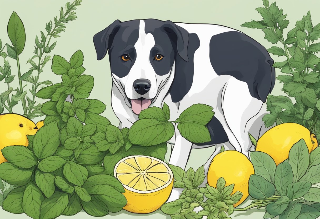 Dog among lemon balm and lemons, investigating if the herb is suitable.