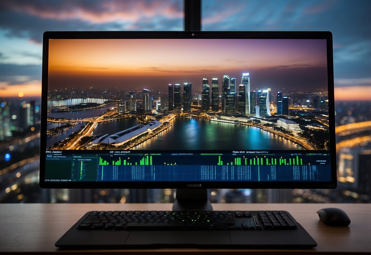 A computer screen displaying the MetaTrader platform with the Singapore skyline in the background. Charts and trading tools are visible on the screen
