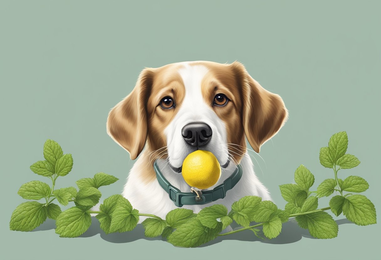 Dog with a lemon in its mouth, surrounded by lemon balm leaves.