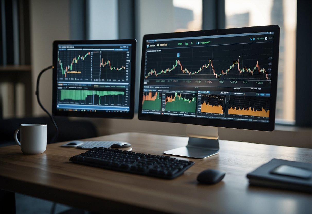 A computer screen displaying a trading platform with multiple charts and indicators, surrounded by a desk with a notebook, pen, and coffee mug