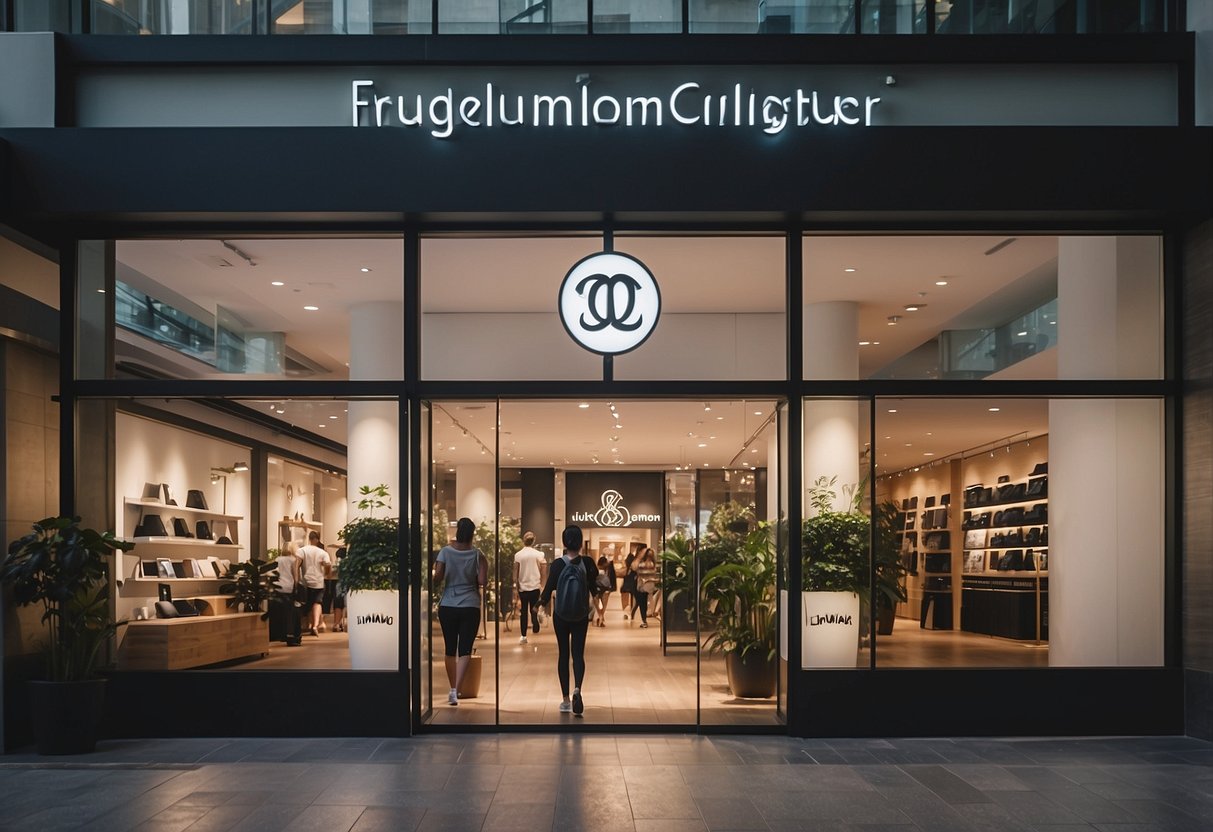 A busy storefront with a sign reading "Frequently Asked Questions lululemon outlet singapore". Shoppers entering and exiting, with a line forming outside