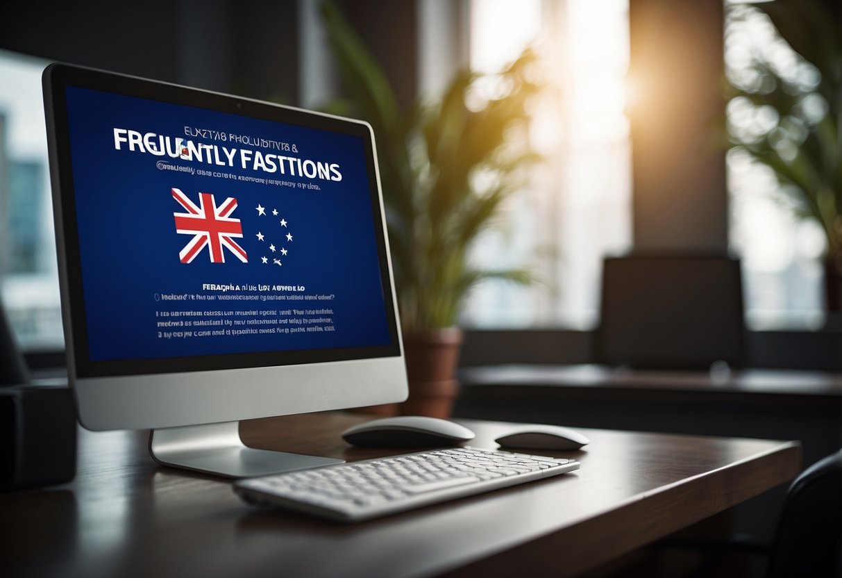 A computer screen displaying "Frequently Asked Questions" with a Singaporean flag in the background