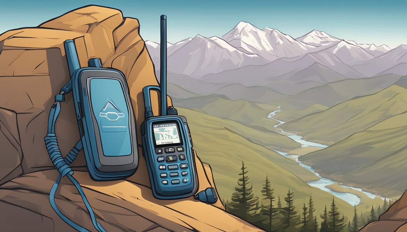 A satellite phone and personal locator beacon sit on a rugged, mountainous landscape. The satellite phone is held in hand, while the beacon is attached to a backpack