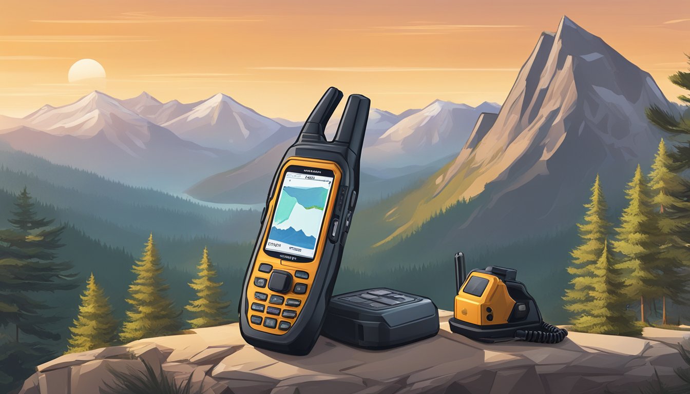 A satellite phone and a personal locator beacon are placed side by side on a rugged wilderness terrain, with mountains and trees in the background