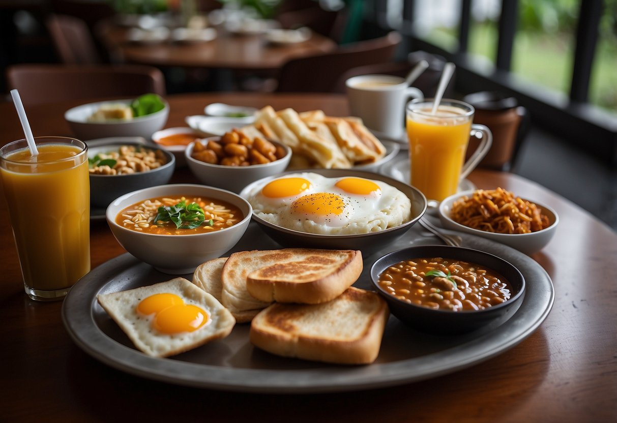 A table set with a variety of halal breakfast dishes, including nasi lemak, roti prata, and kaya toast, accompanied by teh tarik and kopi