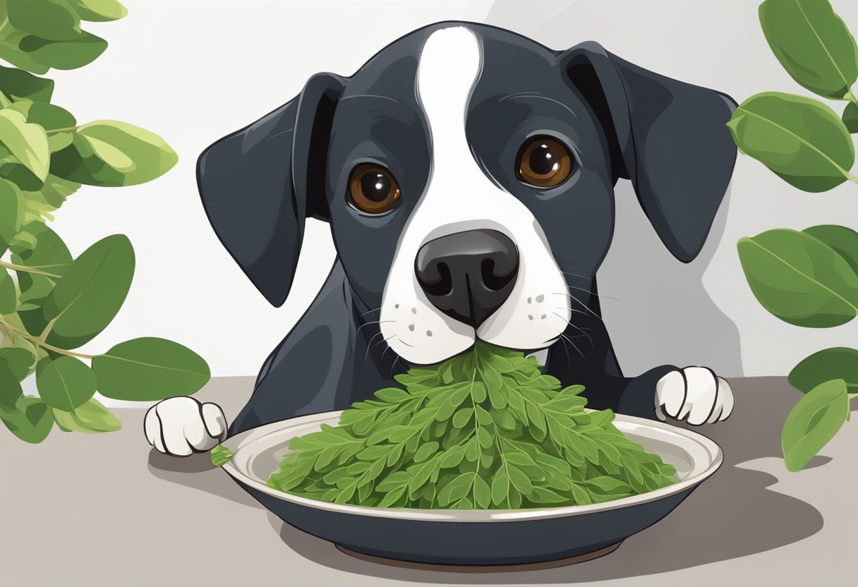 Dog eating a bowl of fresh moringa leaves, wondering if it’s safe.