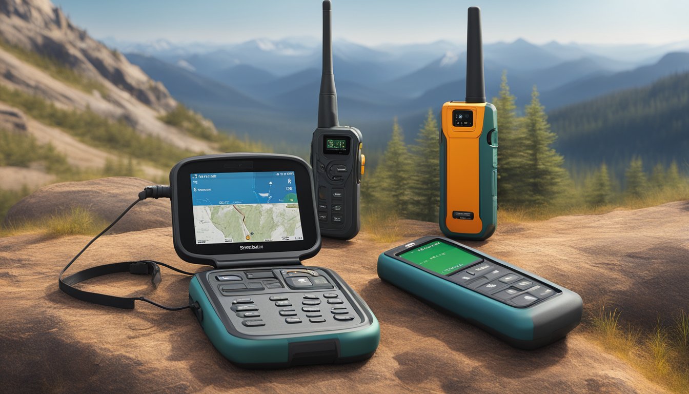 A satellite phone and a personal locator beacon sit side by side on a rugged wilderness terrain, showcasing their features and functionality