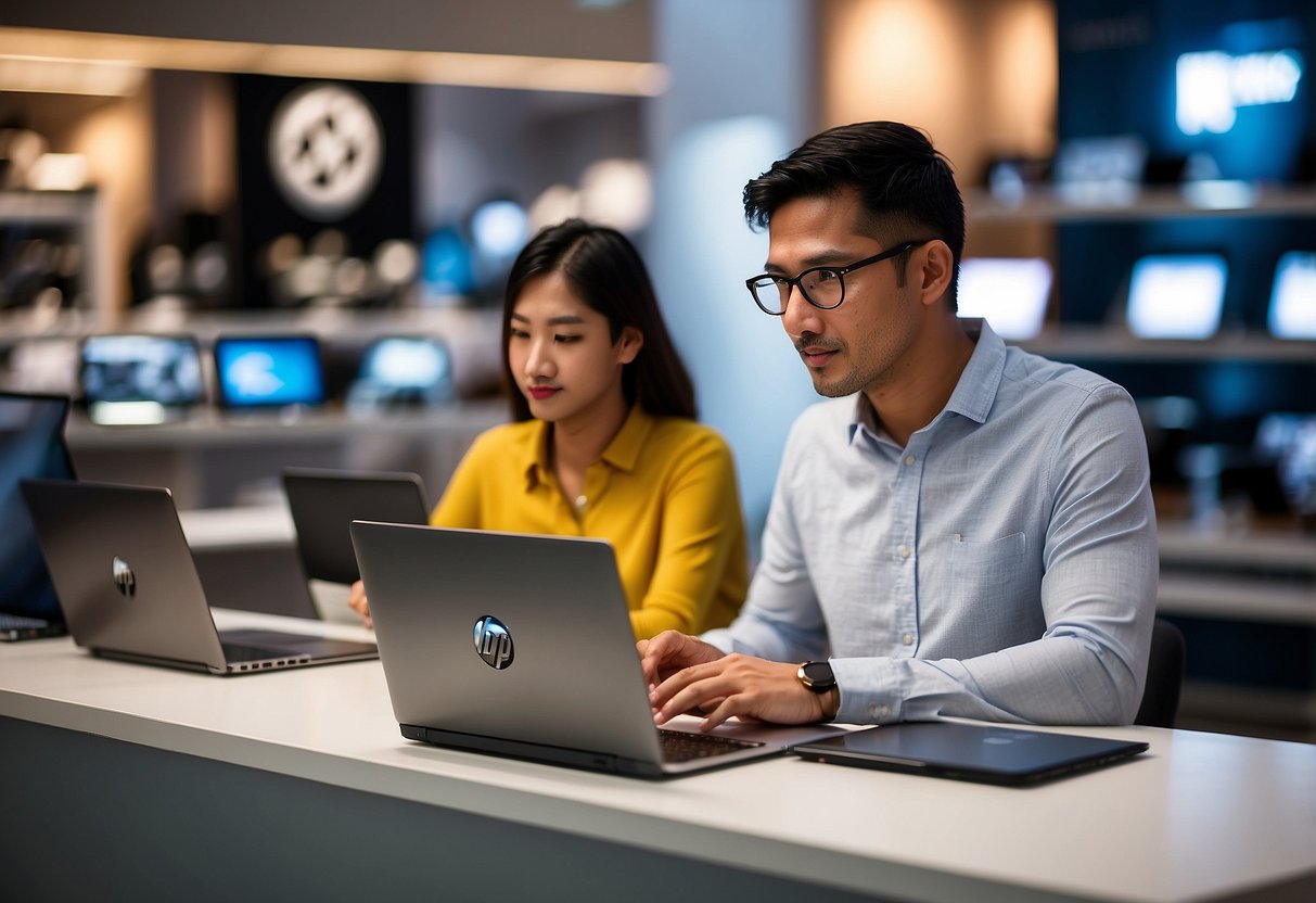 A person browsing through various HP laptop models in a sleek and modern electronics store in Singapore