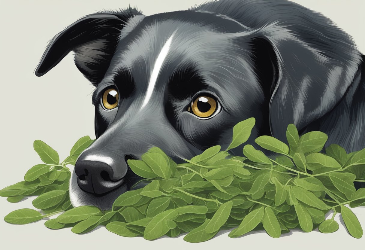 Dog resting with moringa leaves, curious about its safety for consumption.