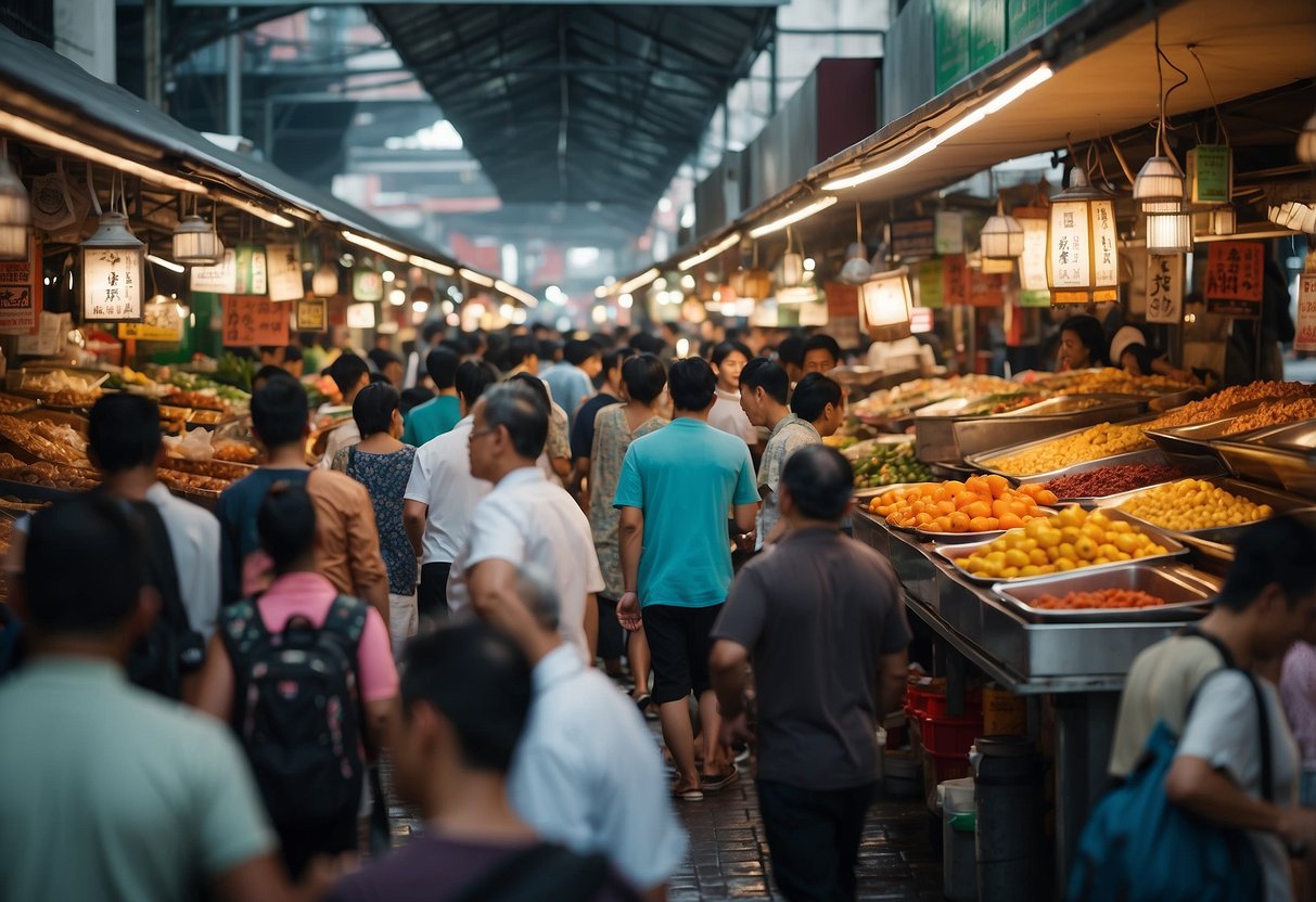 A bustling Singapore market with colorful stalls offering a variety of halal breakfast options, from traditional nasi lemak to modern fusion dishes