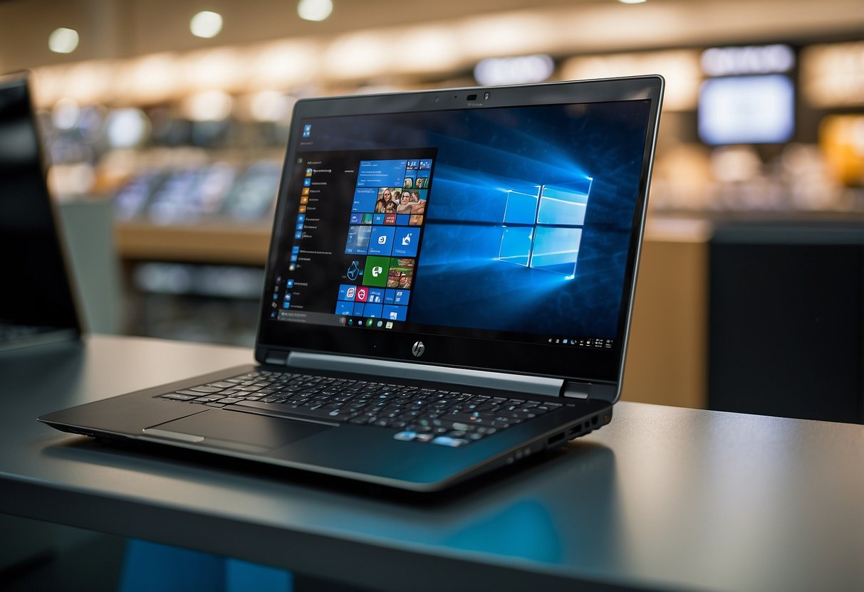 A sleek HP laptop displayed with a detailed purchase guide in a Singaporean electronics store
