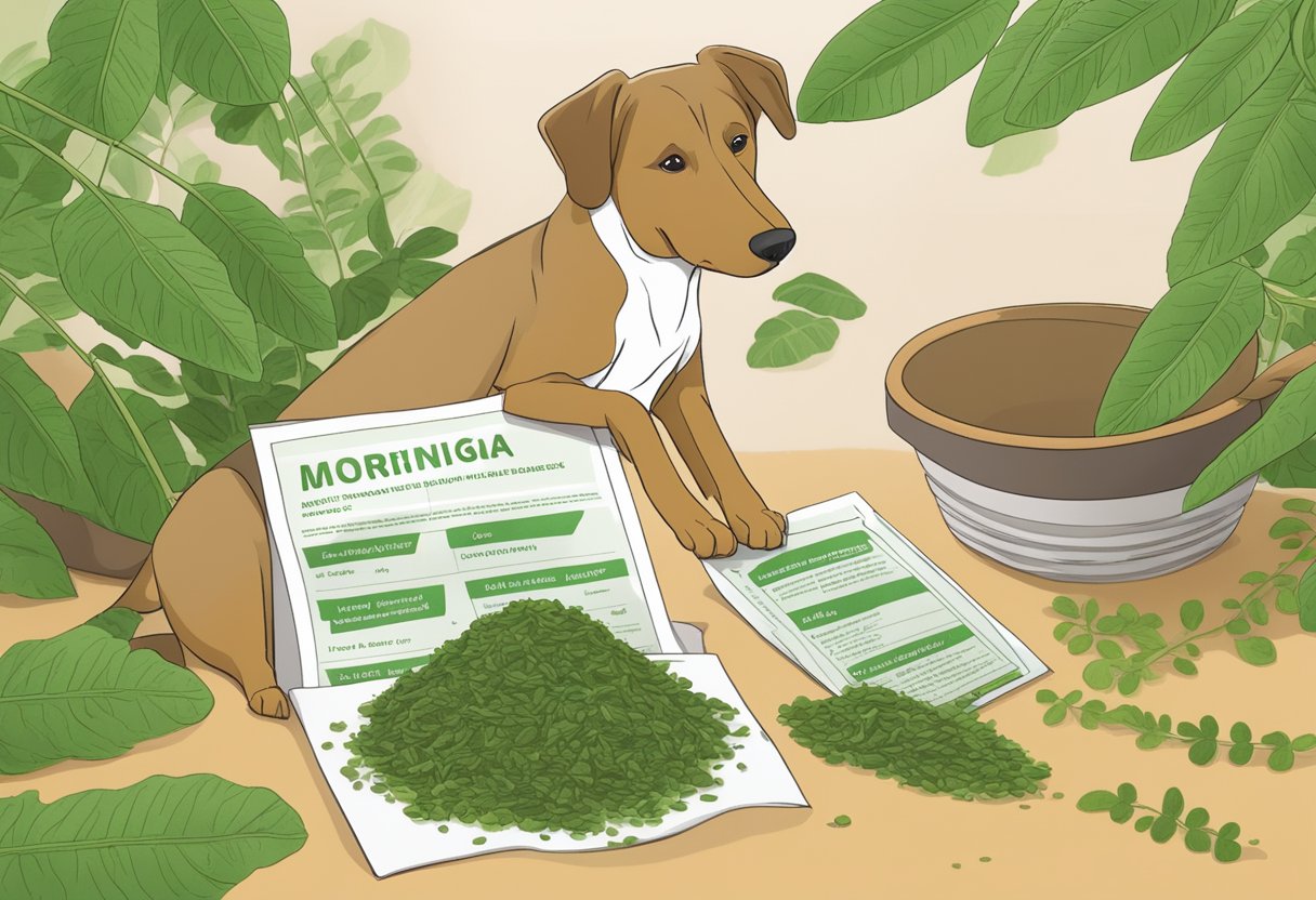 Dog examining moringa benefits and leaves, assessing its suitability.