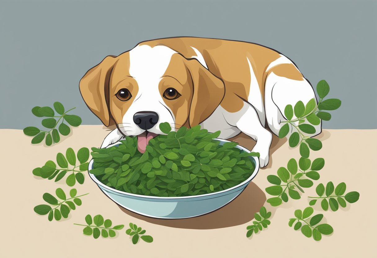 Puppy tasting moringa leaves from a bowl, exploring its benefits.