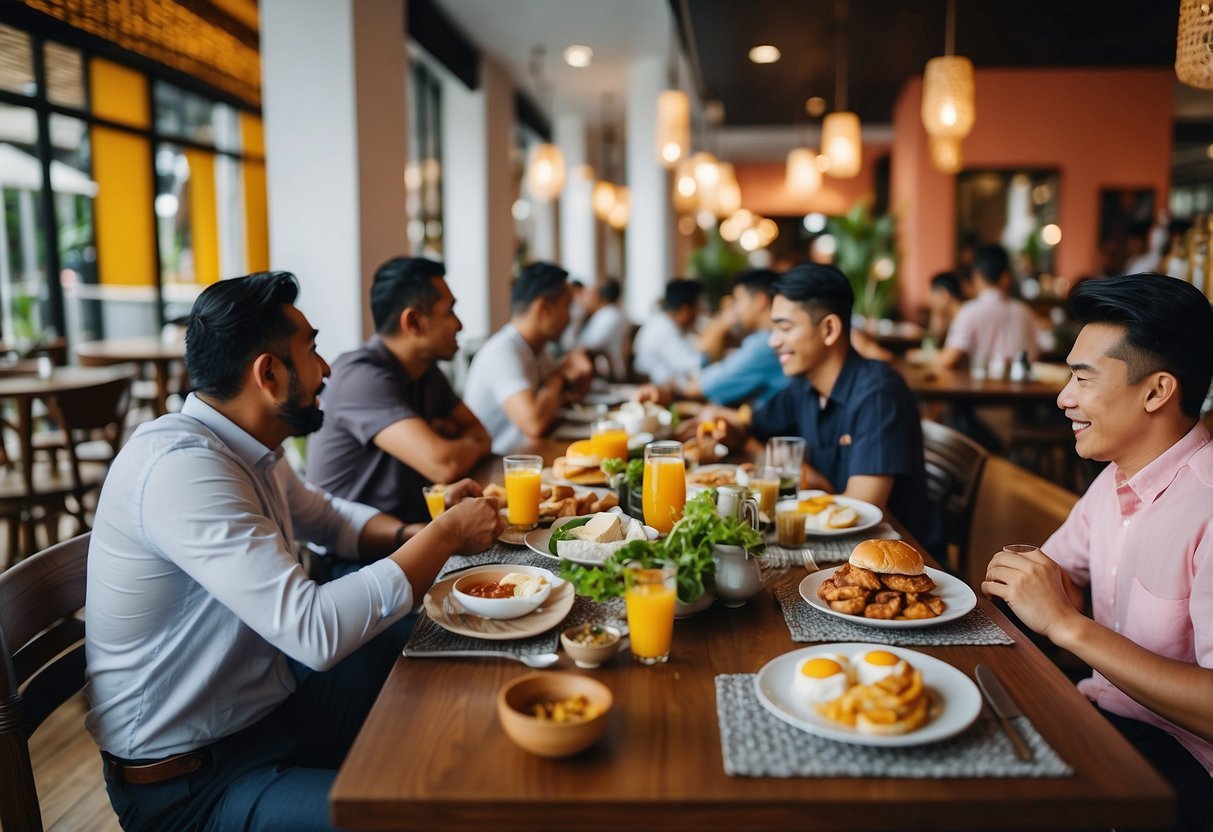 Customers enjoying halal breakfast at a cozy café in Singapore, with colorful decor and aromatic dishes on the tables