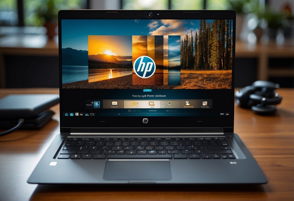 A laptop with the HP logo displayed prominently on the screen, surrounded by a list of frequently asked questions related to purchasing and using the product