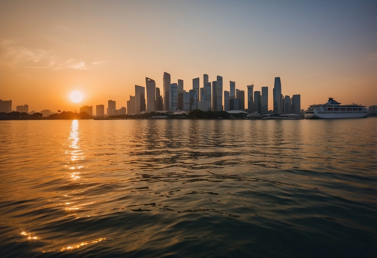 The sun sets over Inchcape Singapore, casting a warm glow on the calm waters and the distant city skyline. A cargo ship passes by, leaving gentle ripples in its wake