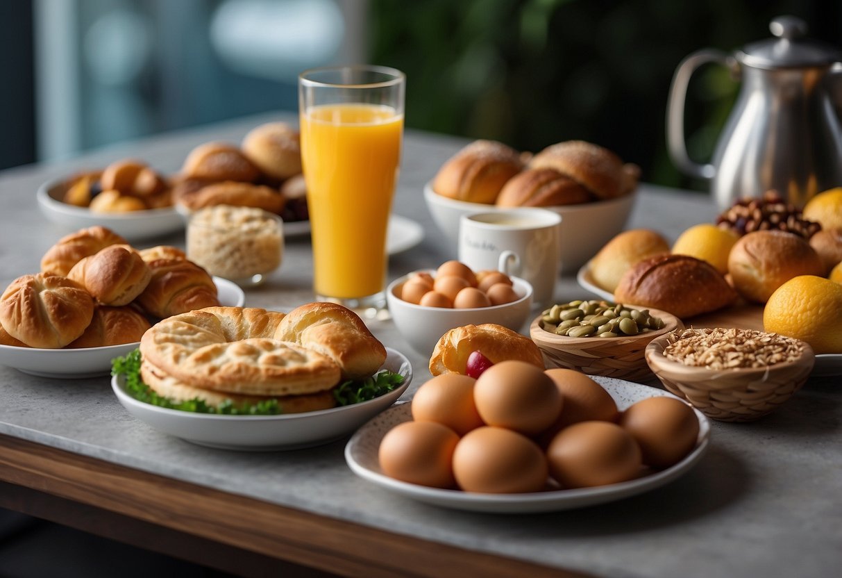 A table set with various halal breakfast items, including pastries, fruits, and beverages, with a sign reading "Frequently Asked Questions halal breakfast singapore"