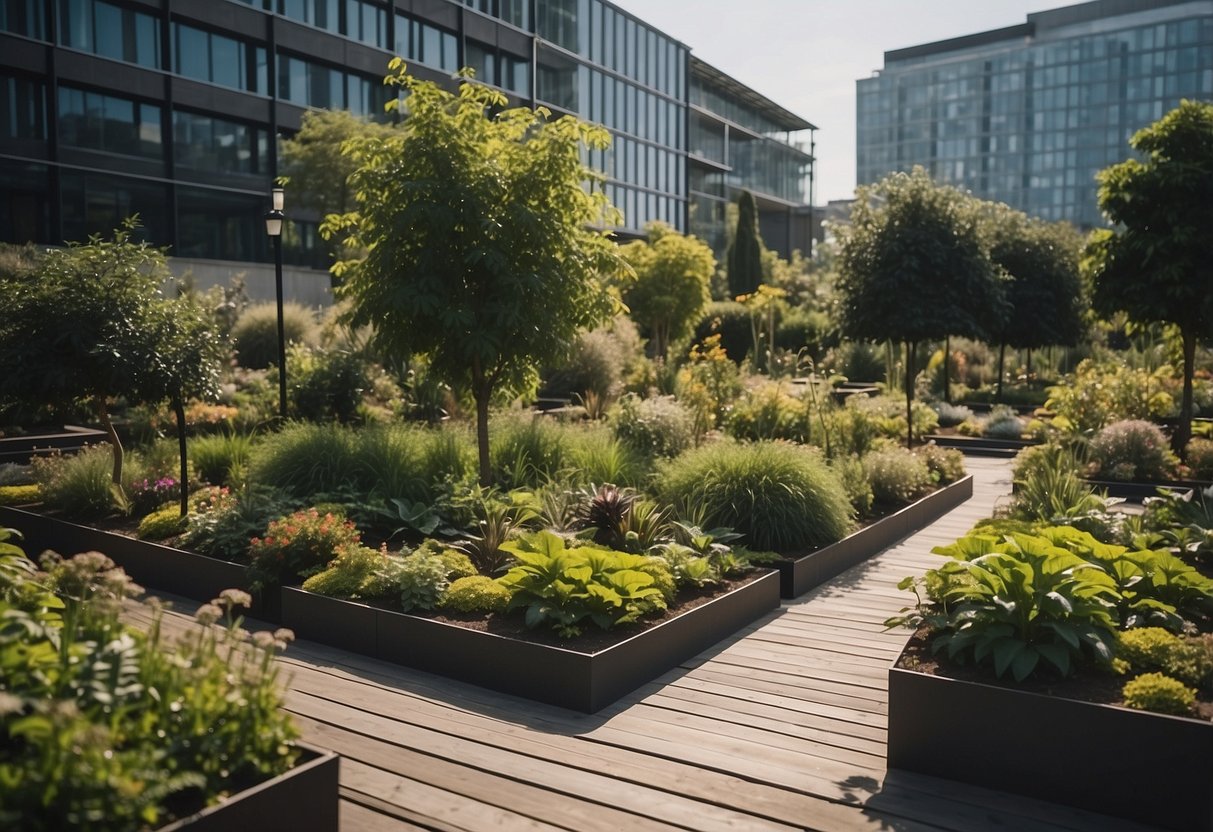 A lush garden with a variety of vibrant plants and trees, surrounded by modern buildings and solar panels, showcasing the balance between sustainability and growth
