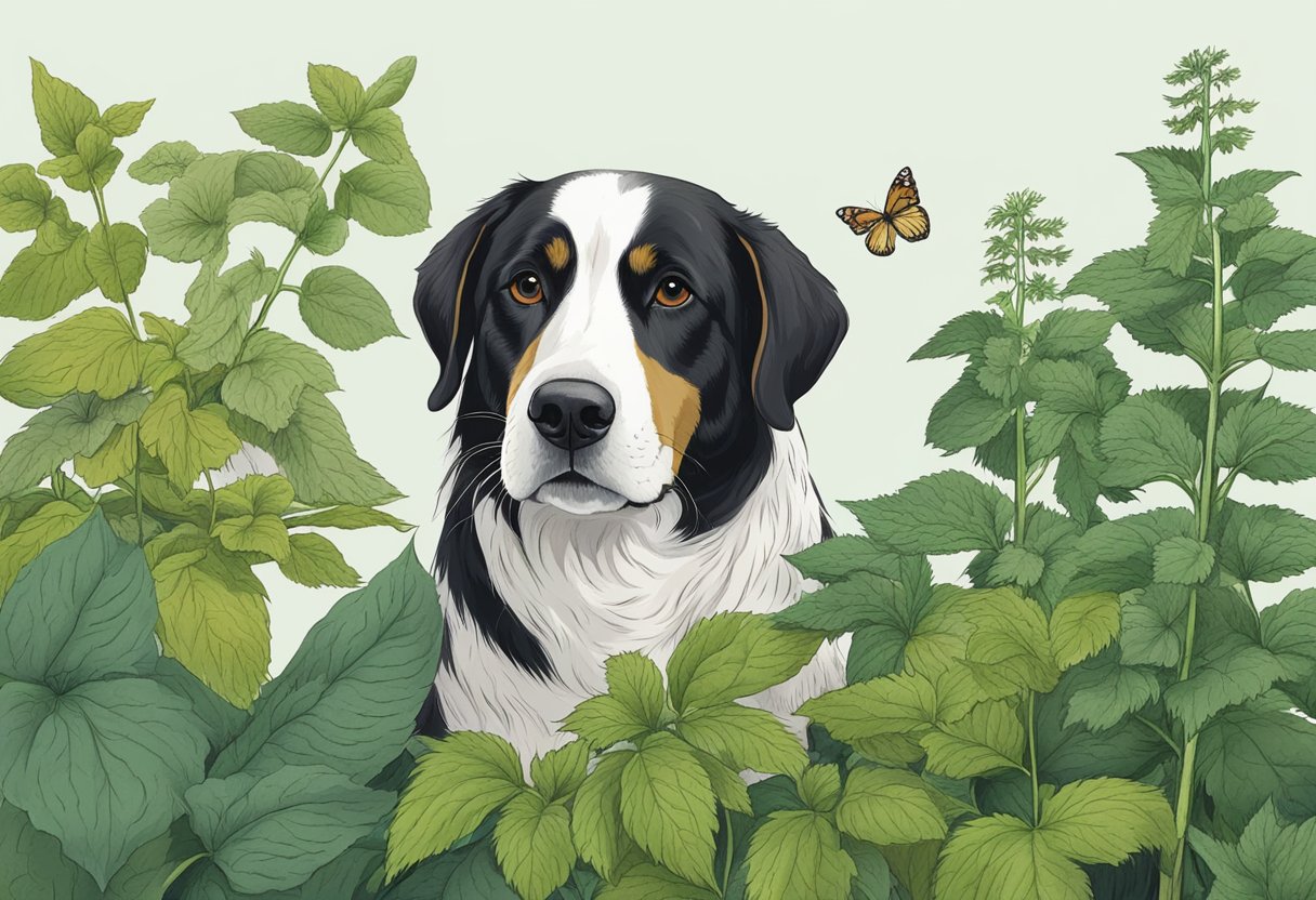 A dog sniffing a nettle plant with a cautious expression, surrounded by other dog-friendly plants.