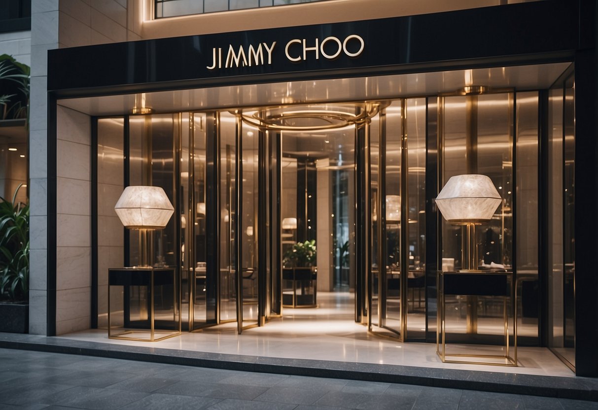 A luxurious storefront with the iconic Jimmy Choo logo, surrounded by sleek and modern architecture in the heart of Singapore's bustling city center