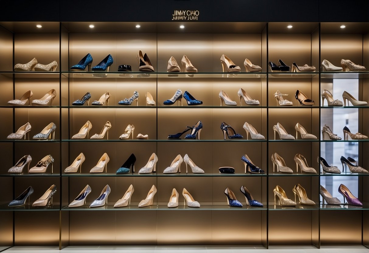 A display of Jimmy Choo shoe collections in a sleek, modern Singapore store. Shimmering heels, luxurious leather, and elegant designs on prominent shelves
