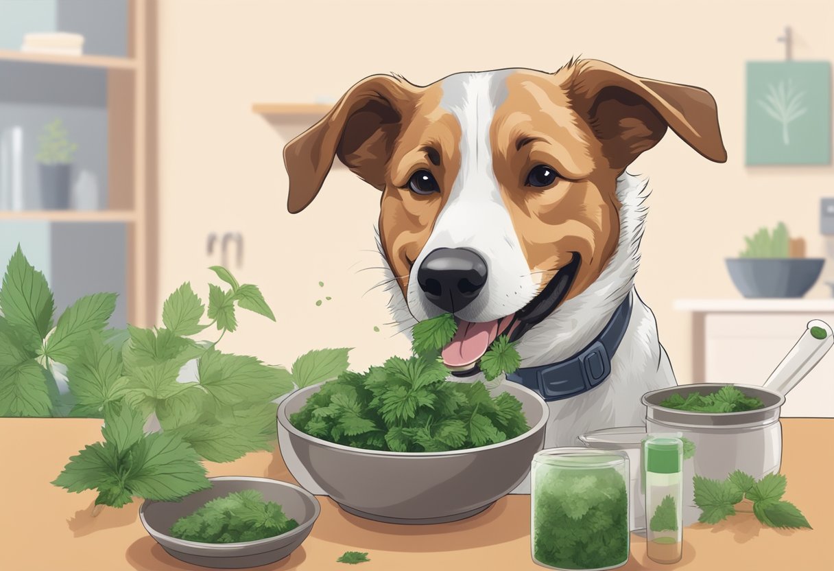 A dog happily eating cooked nettle leaves from a bowl, with a veterinarian's approval stamp in the background.