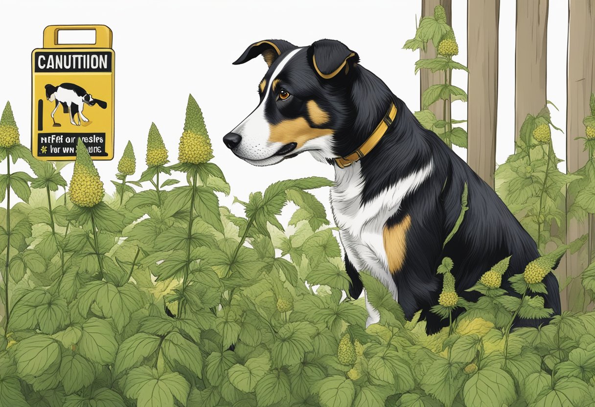 A dog sniffs a nettle plant while a caution sign and warning labels are displayed nearby.