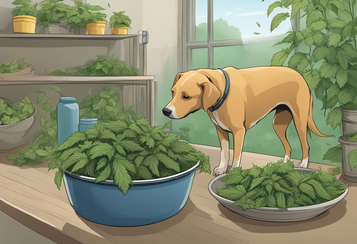 Nettles being harvested, washed, and stored in airtight containers. A dog sniffing at a bowl of nettle leaves.