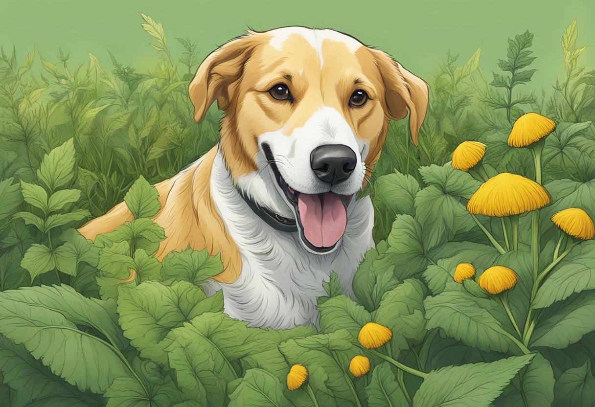 A dog happily munches on nettle leaves in a lush, green field, surrounded by other natural supplements like turmeric and ginger.