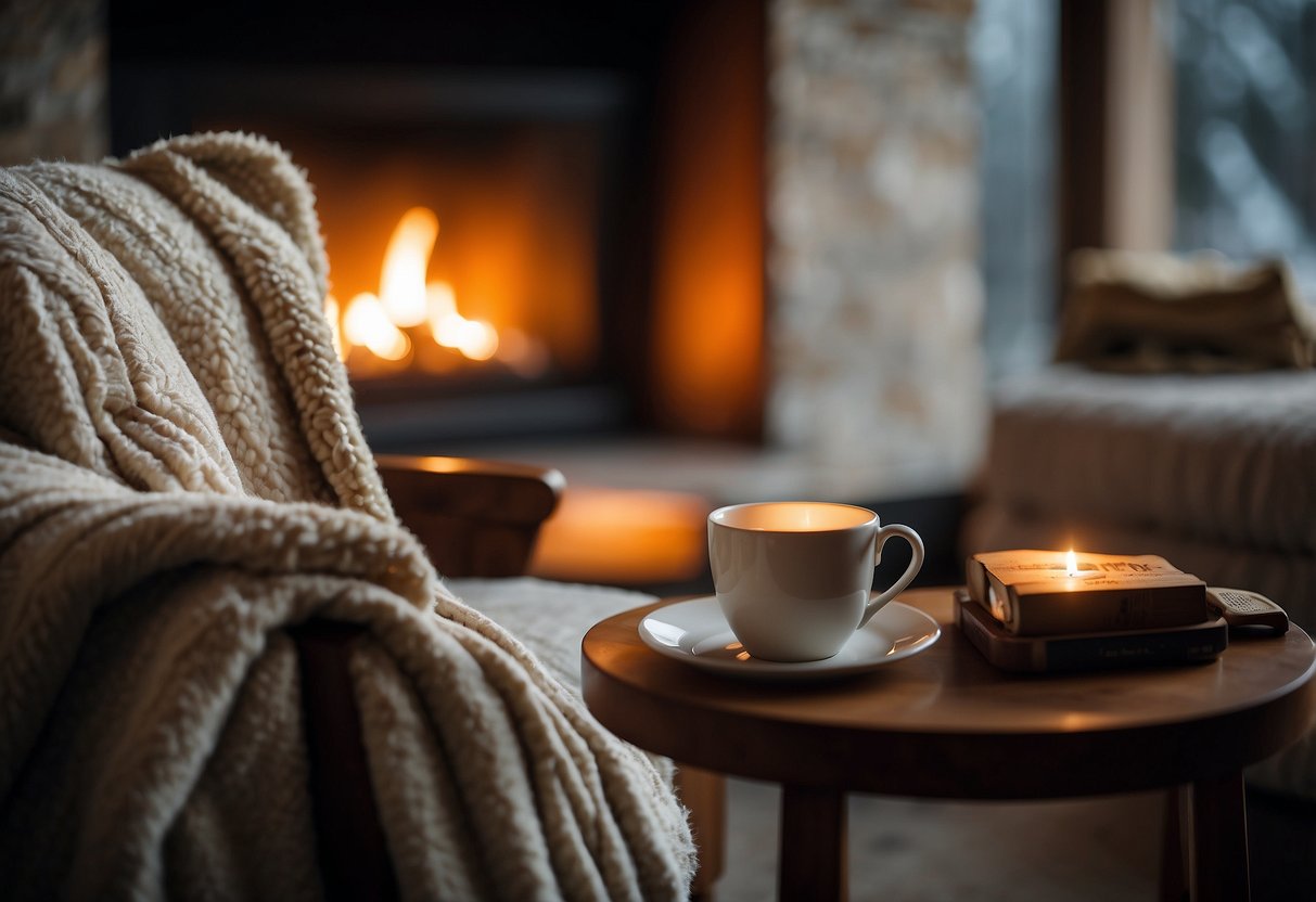A cozy armchair and soft, fluffy blanket sit next to a warm fireplace, with a side table holding a steaming cup of tea