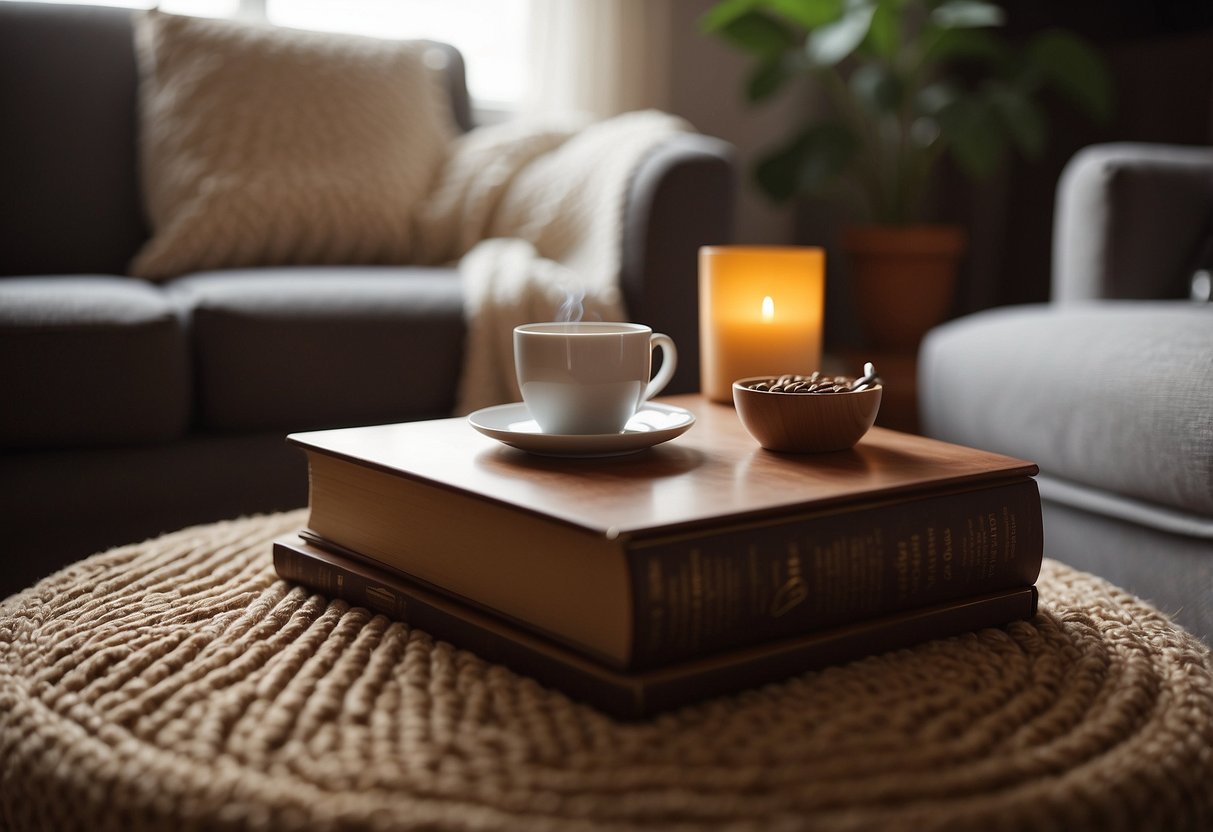 A cozy living room with a plush sofa, soft throw pillows, and a warm, inviting rug. A side table holds a cup of steaming tea, while a book lies open on the coffee table